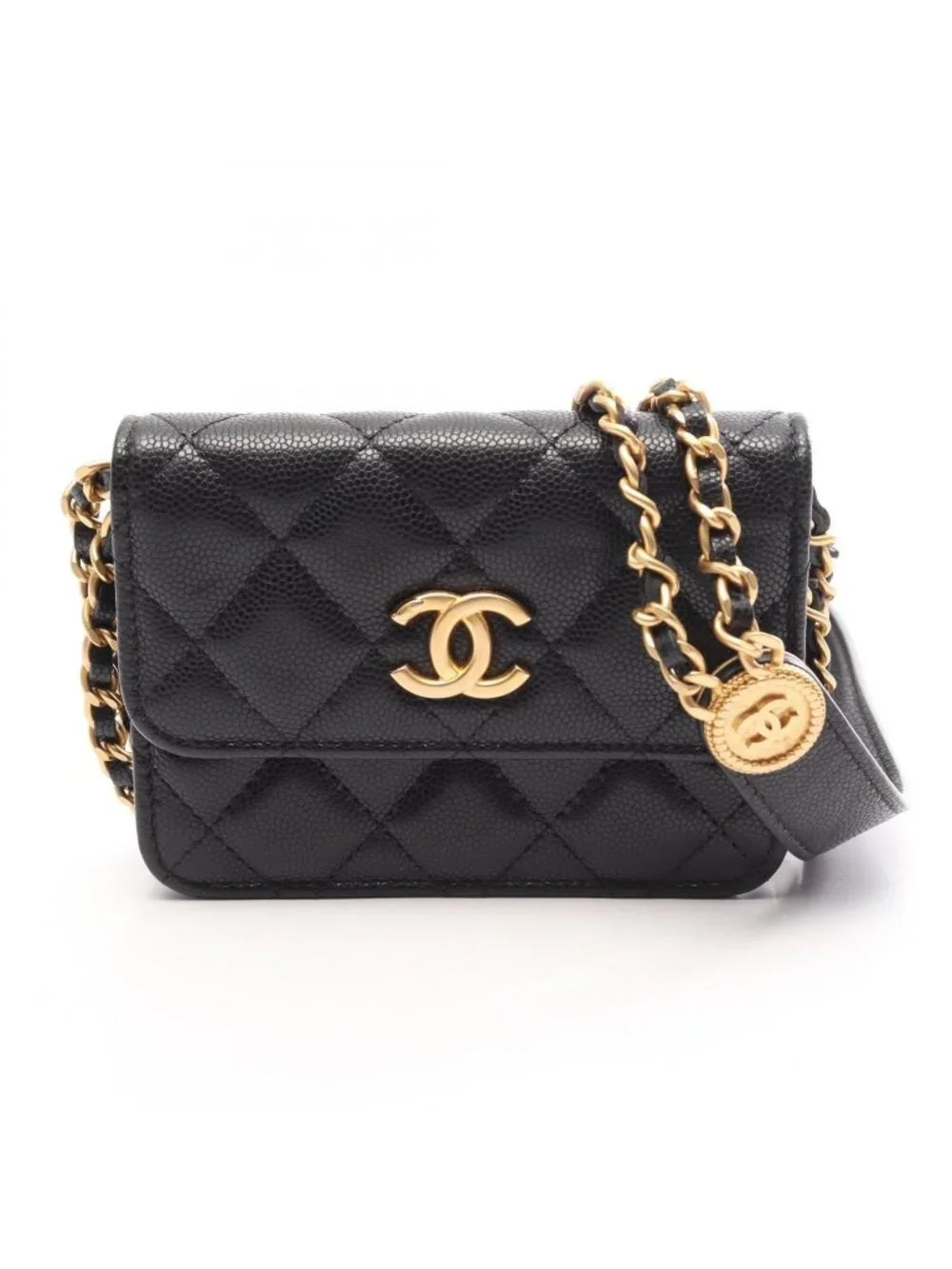 Chanel Shoulder Bag Quilted Card Slot Black Caviar Leather Classic Flap